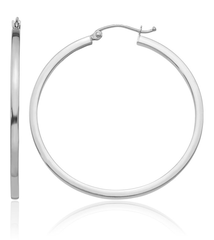 10K Solid White Gold 2mm Square Tube Round Large Hoop Earrings