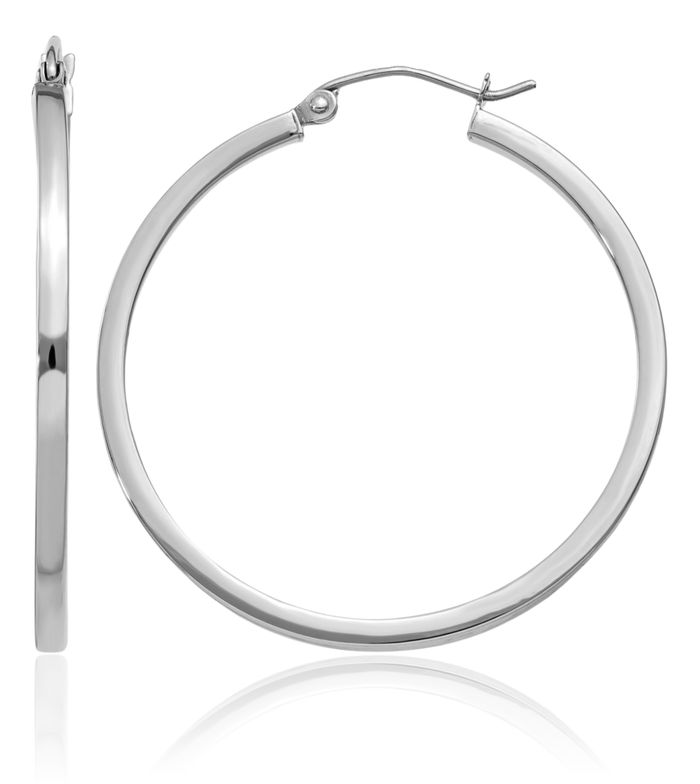 10K Solid White Gold 2mm Square Tube Round Medium Hoop Earrings