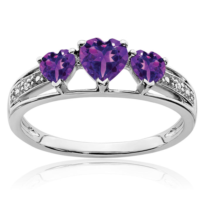 10K Solid White Gold 3 Stone Purple Amethyst Diamond Heart Ring Gemstone Love Band