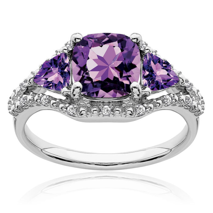 10K Solid White Gold 3 Stone Purple Amethyst Diamond Ring Gemstone Band