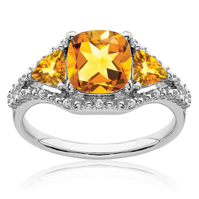 10K Solid White Gold 3 Stone Yellow Orange Citrine Diamond Ring Gemstone Band