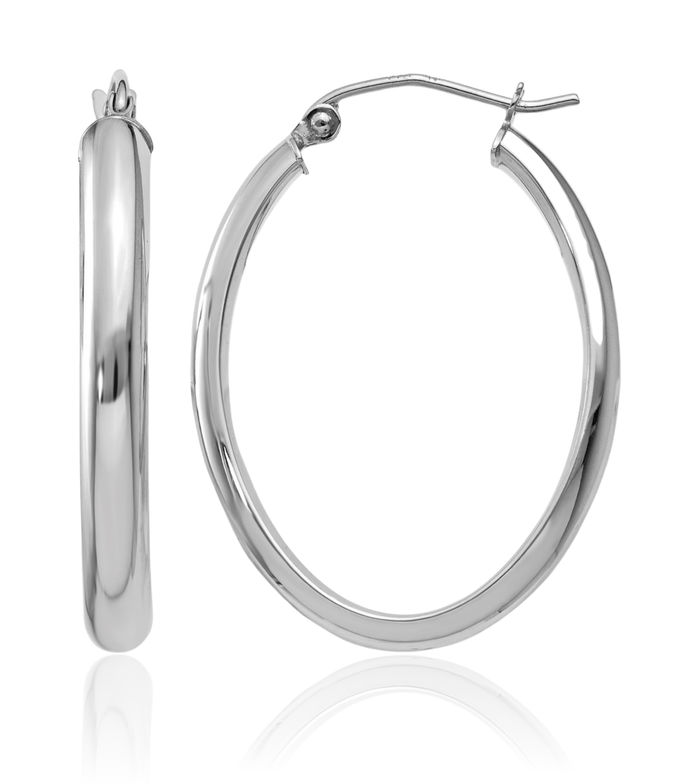 10K Solid White Gold 3.5mm Oval Medium Hoop Earrings