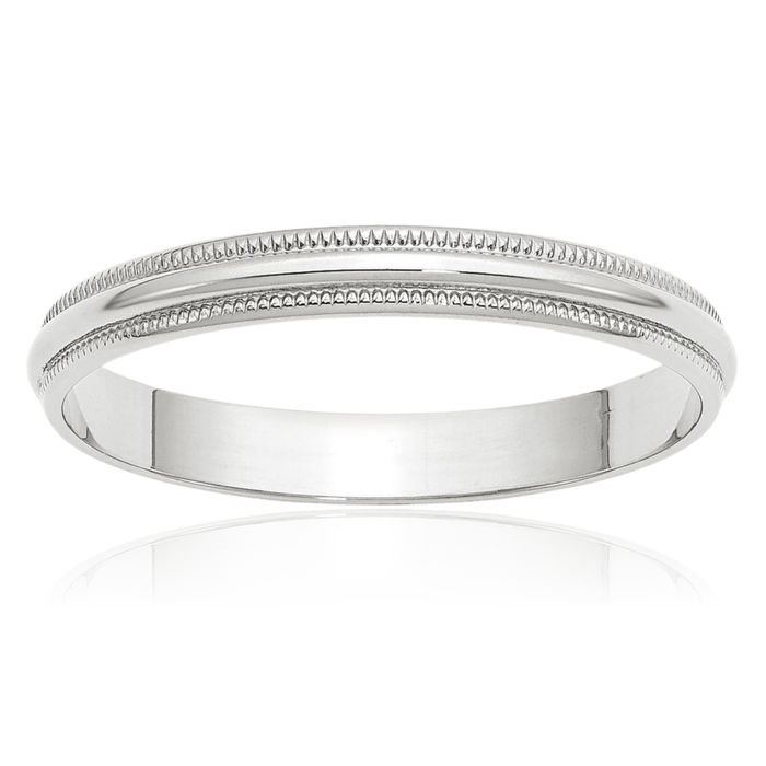 10K Solid White Gold 3mm Milgrain Half Round Plain Classic Wedding Band Ring