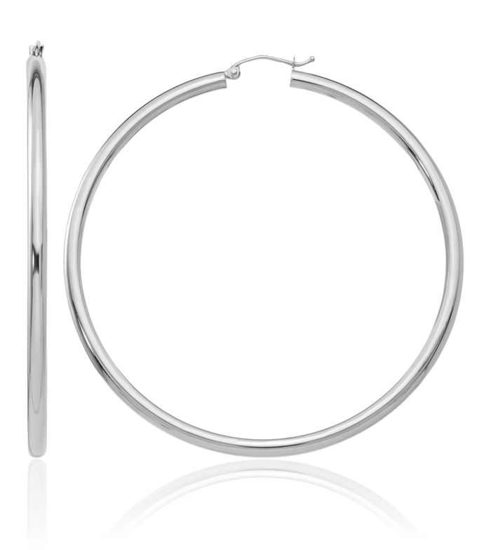 10K Solid White Gold 3mm Tube Round Extra Large Hoop Earrings