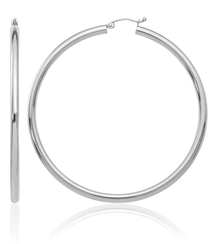 10K Solid White Gold 3mm Tube Round Large Hoop Earrings