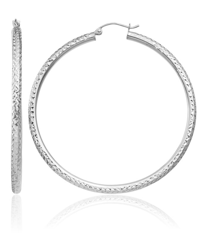 10K Solid White Gold 3mm Round Large Hoop Earrings