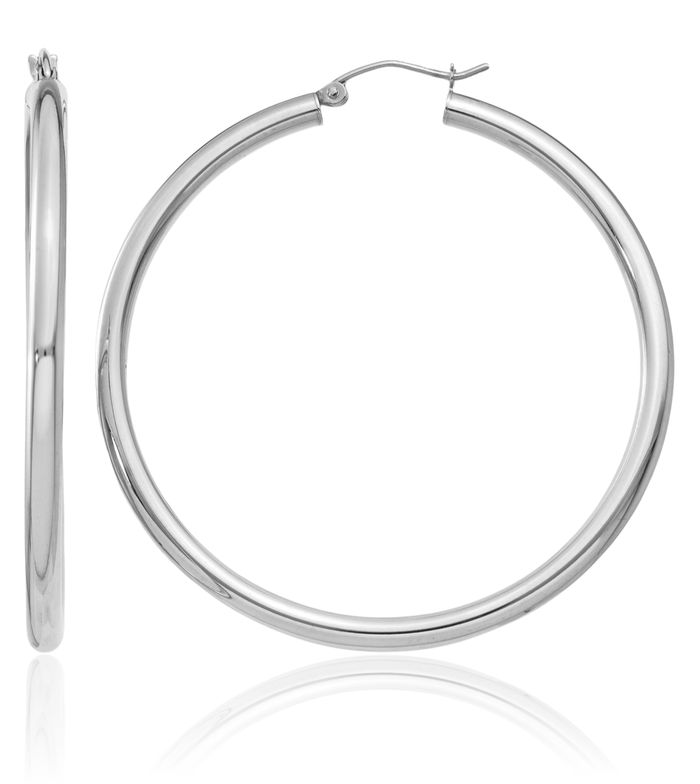 10K Solid White Gold 3mm Tube Round Large Hoop Earrings