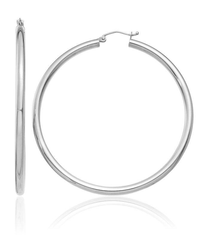 10K Solid White Gold 3mm Tube Round Large Hoop Earrings