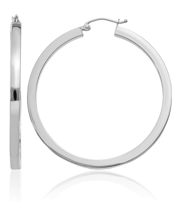 10K Solid White Gold 3mm Square Tube Round Large Hoop Earrings