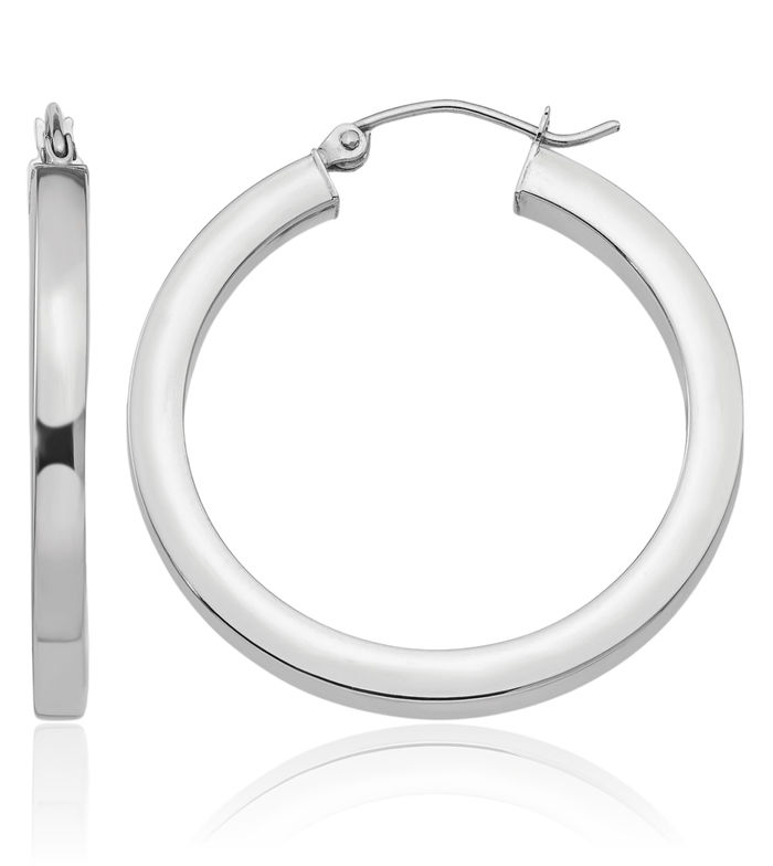 10K Solid White Gold 3mm Square Tube Round Medium Hoop Earrings