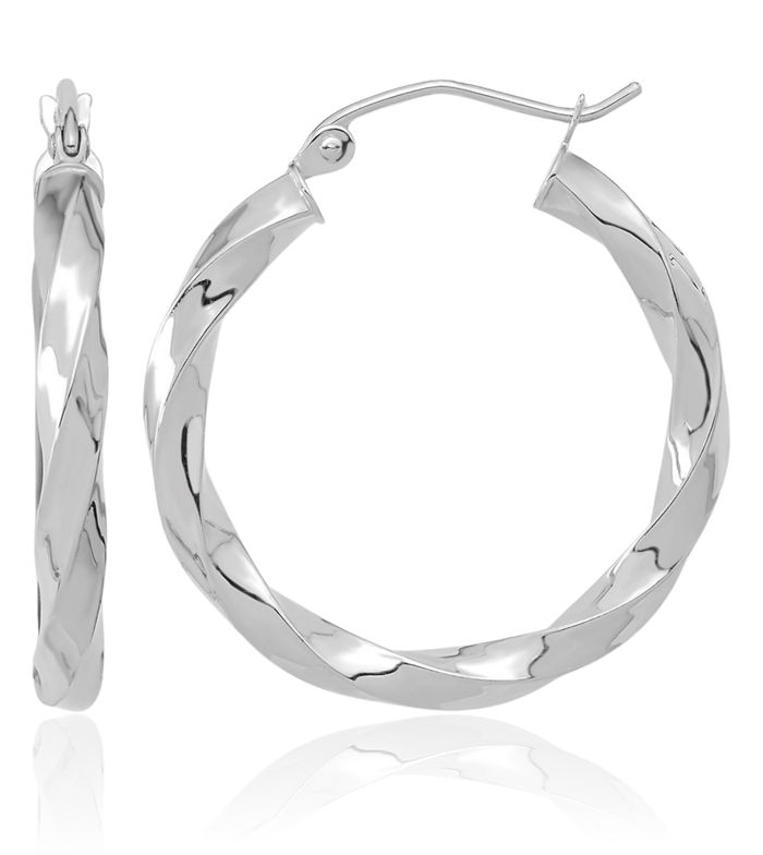10K Solid White Gold 3mm Twisted Round Medium Hoop Earrings