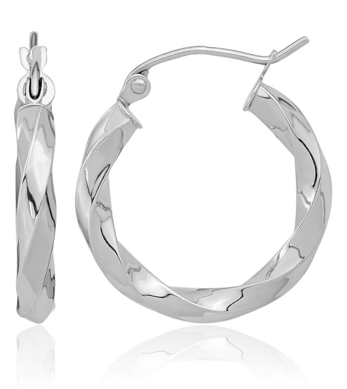 10K Solid White Gold 3mm Twisted Round Medium Hoop Earrings