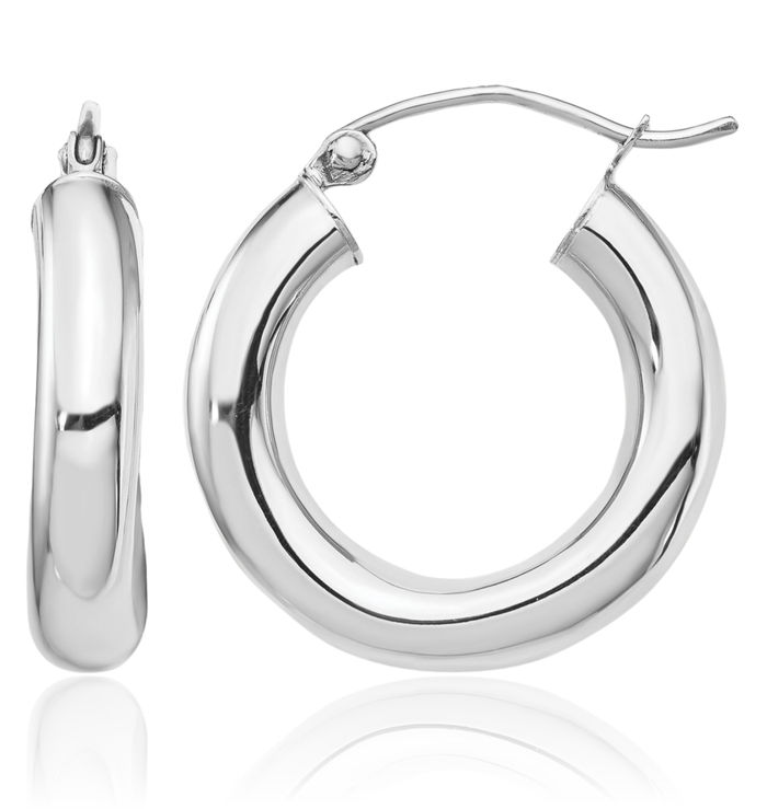 10K Solid White Gold 4mm Tube Round Large Hoop Earrings