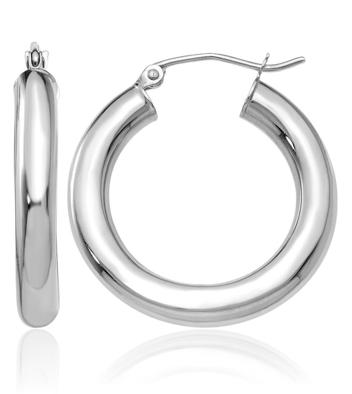 10K Solid White Gold 4mm Tube Round Medium Hoop Earrings