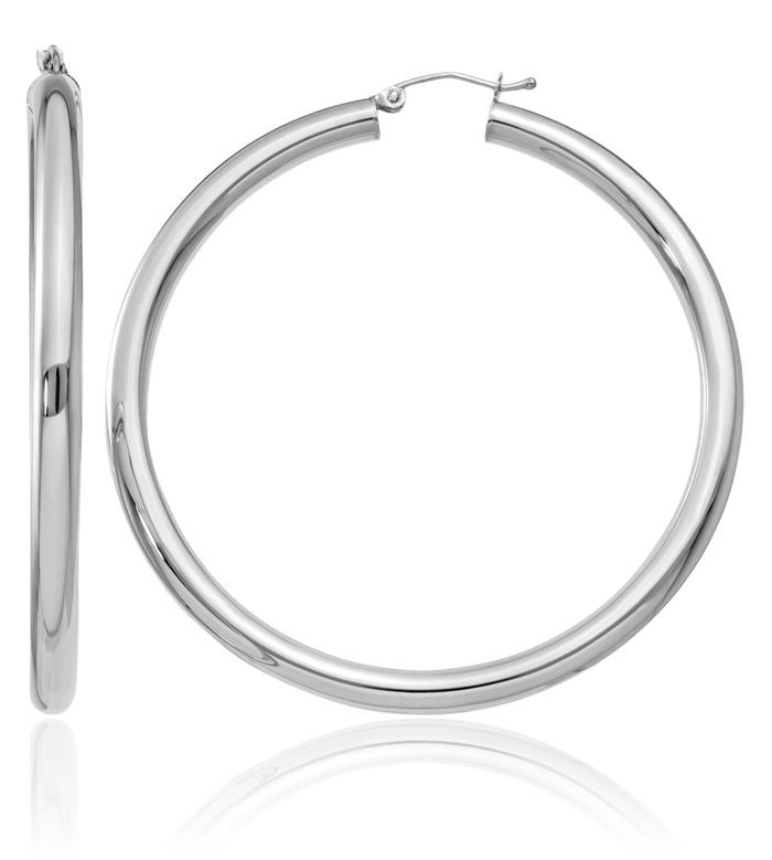 10K Solid White Gold 4mm x 55mm Tube Round Large Hoop Earrings