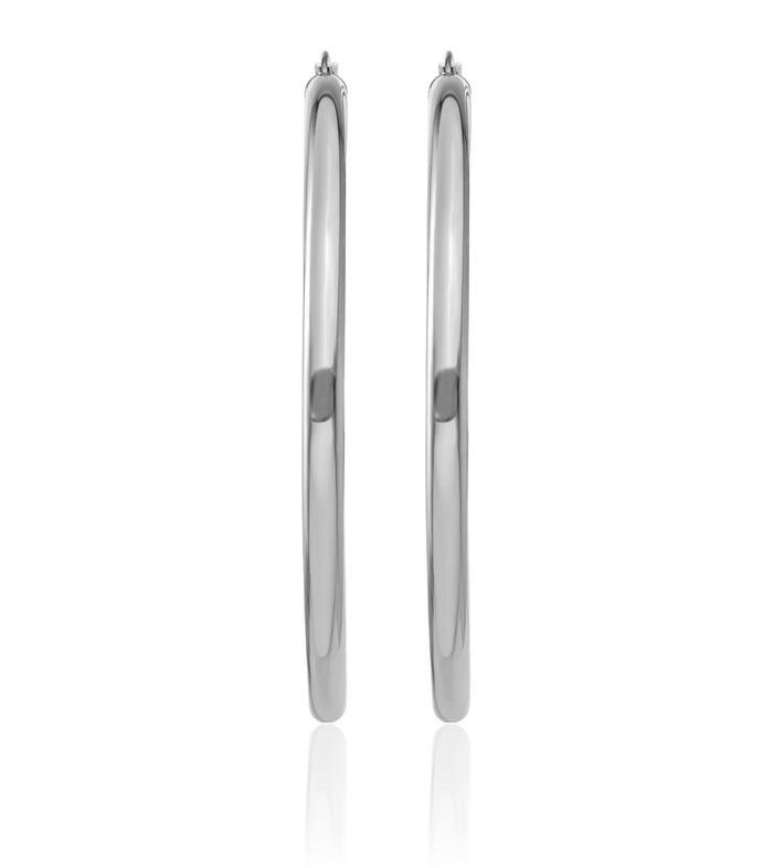 10K Solid White Gold 4mm x 65mm Tube Round Extra Large Hoop Earrings