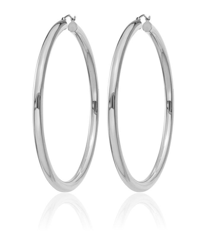 10K Solid White Gold 4mm x 65mm Tube Round Extra Large Hoop Earrings