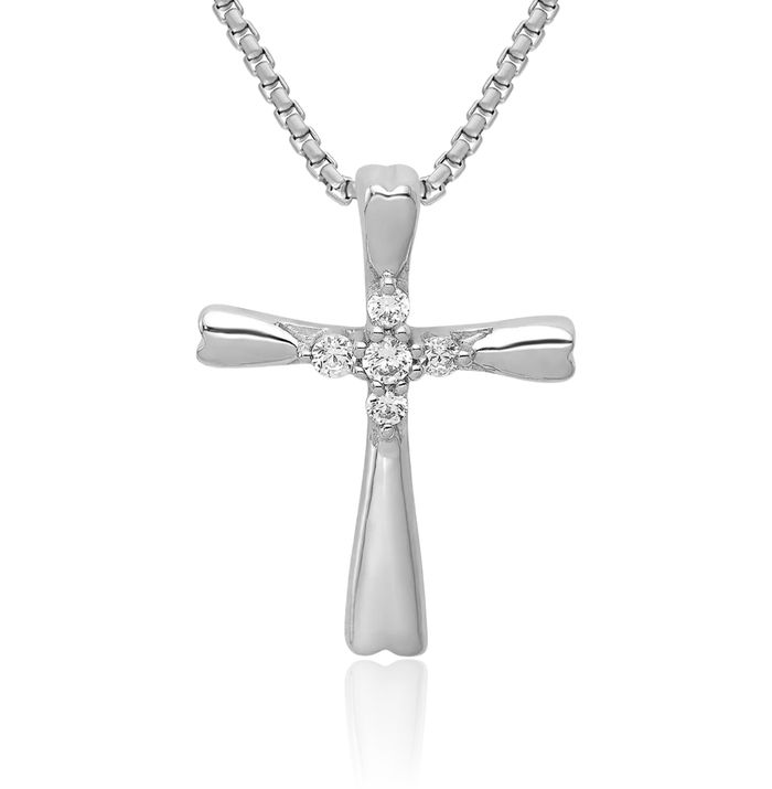 10K Solid White Gold 5 Stone Diamond Holy Cross Floating Chain Slide Pendant Necklace Religious Jesus Christ Charm