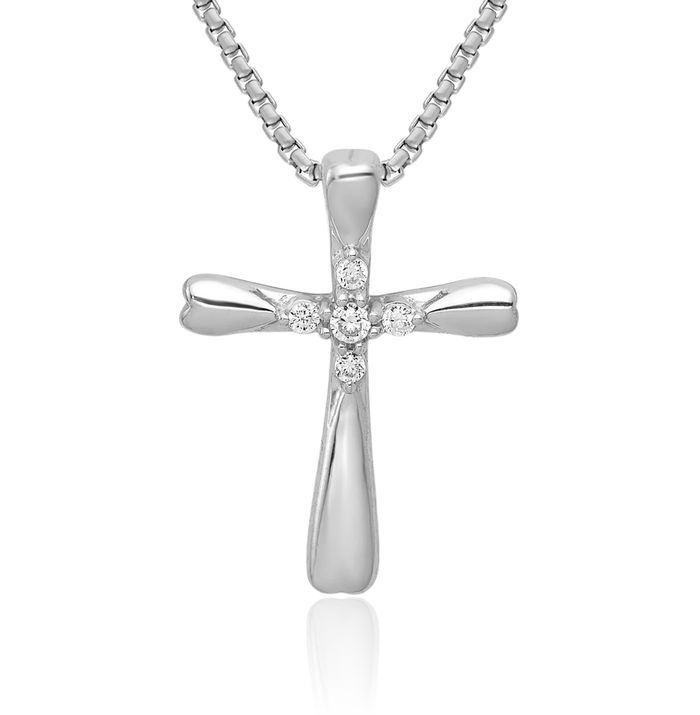 10K Solid White Gold 5 Stone Diamond Holy Cross Floating Chain Slide Pendant Necklace Religious Jesus Christ Charm