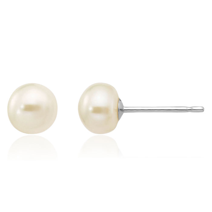 10K Solid White Gold 5mm Button Freshwater Cultured Pearl Stud Earrings