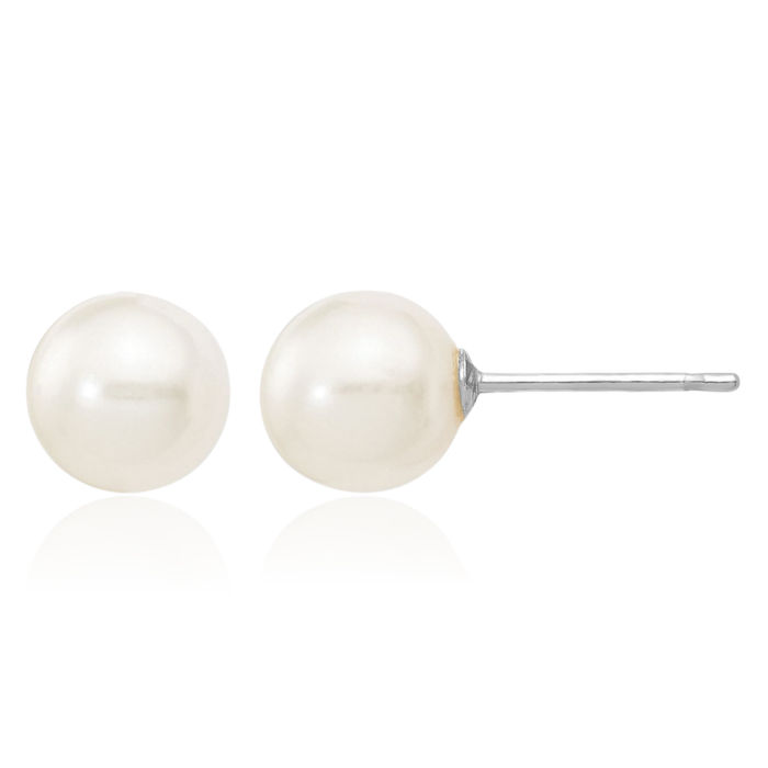 10K Solid White Gold 6mm Round Freshwater Cultured Pearl Stud Earrings
