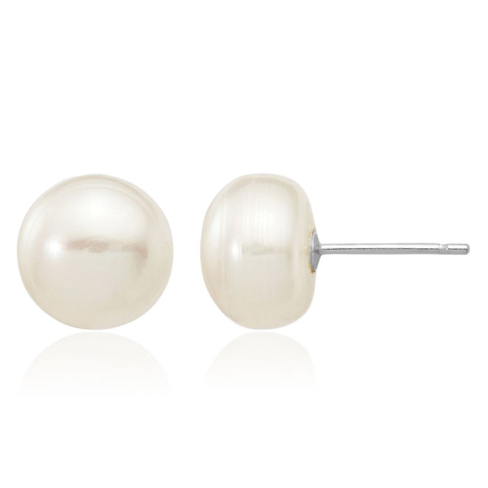 10K Solid White Gold 8mm Button Freshwater Cultured Pearl Stud Earrings
