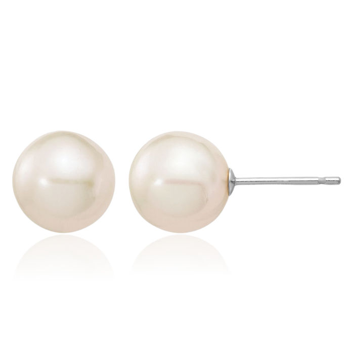 10K Solid White Gold 8mm Round Freshwater Cultured Pearl Stud Earrings