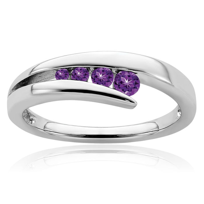 10K Solid White Gold Purple Amethyst 4 Stone Ring Gemstone Band