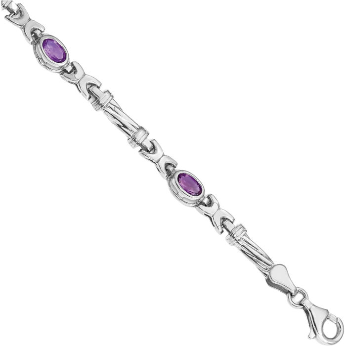 10K Solid White Gold Purple Amethyst 4 Stone Chain Gemstone Tennis Bracelet