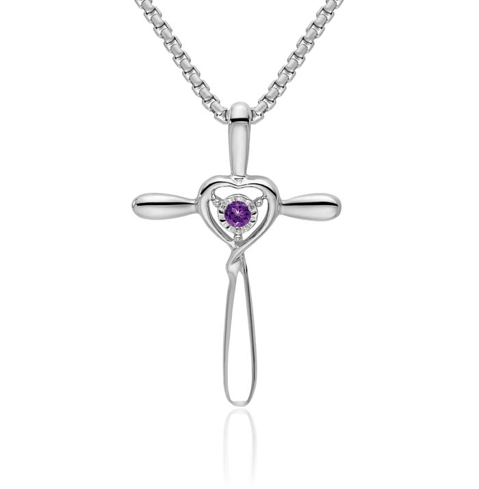 10K Solid White Gold Purple Amethyst Holy Cross Heart Floating Chain Slide Gemstone Pendant Necklace Charm February Birthstone Jewelry