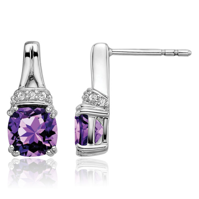 10K Solid White Gold Purple Amethyst Diamond Drop Dangle Earrings Gemstone Post Push Back February Birthstone Jewelry