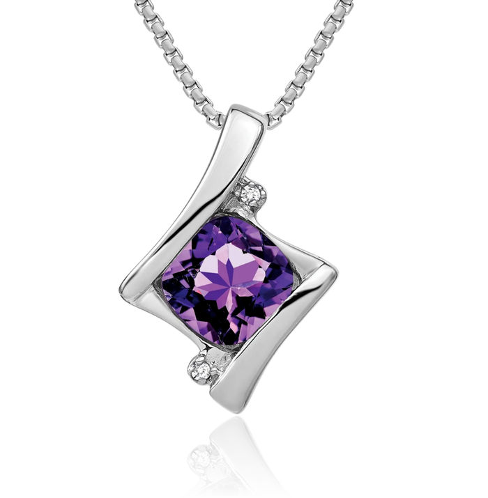 10K Solid White Gold Purple Amethyst Diamond Necklace Charm Gemstone Pendant