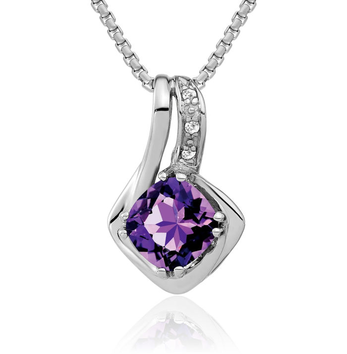 10K Solid White Gold Purple Amethyst Diamond Necklace Charm Gemstone Pendant