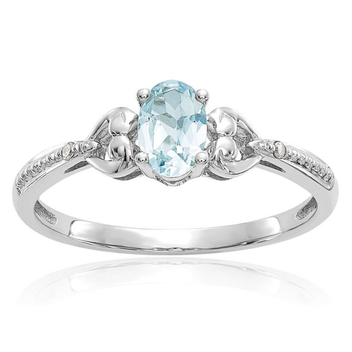 10K Solid White Gold Blue Aquamarine Diamond Ring Gemstone Band March Birthstone Jewelry