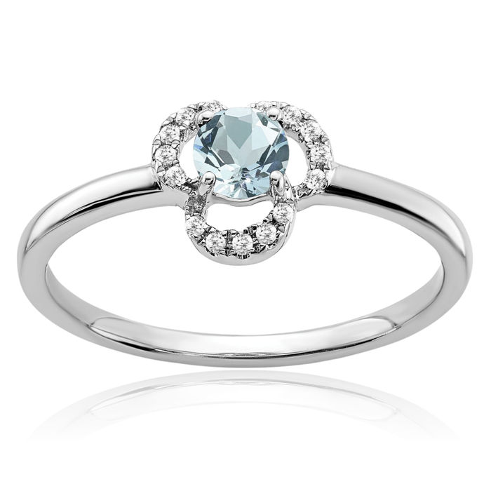 10K Solid White Gold Blue Aquamarine Diamond Ring Gemstone Band March Birthstone Jewelry