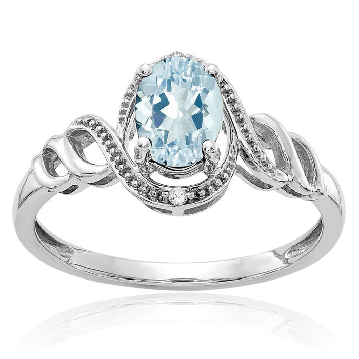 10K Solid White Gold Blue Aquamarine Diamond Ring Gemstone Band March Birthstone Jewelry