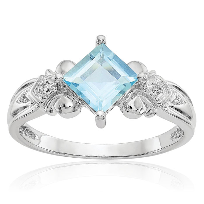 10K Solid White Gold Blue Aquamarine Diamond Ring Gemstone Band