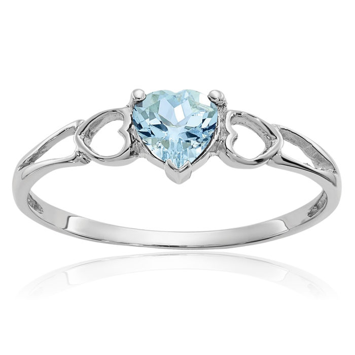 10K Solid White Gold Blue Aquamarine Heart Ring Gemstone Love Band March Birthstone Jewelry