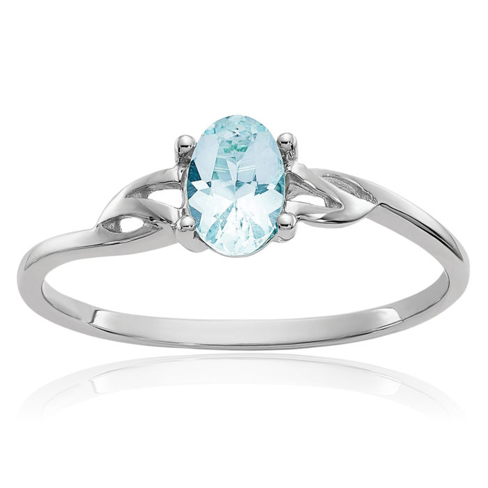 10K Solid White Gold Blue Aquamarine Ring Gemstone Band March Birthstone Jewelry