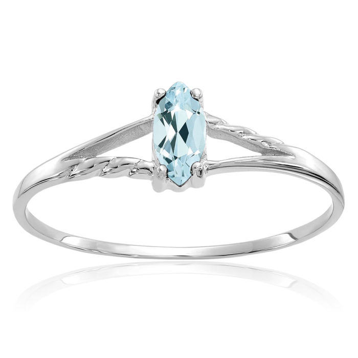 10K Solid White Gold Blue Aquamarine Ring Gemstone Band March Birthstone Jewelry