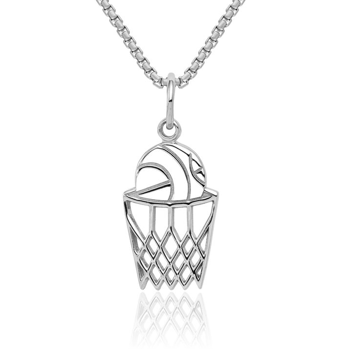 10K Solid White Gold Basketball Hoop Net Necklace Swoosh Charm Sports Pendant