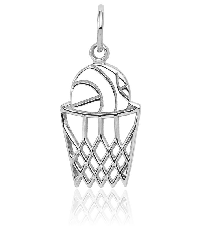 10K Solid White Gold Basketball Hoop Net Necklace Swoosh Charm Sports Pendant