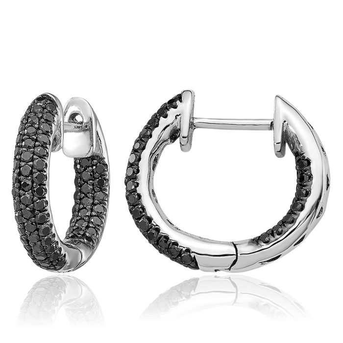 10K Solid White Gold Black Diamond Huggie Small Hoop Earrings