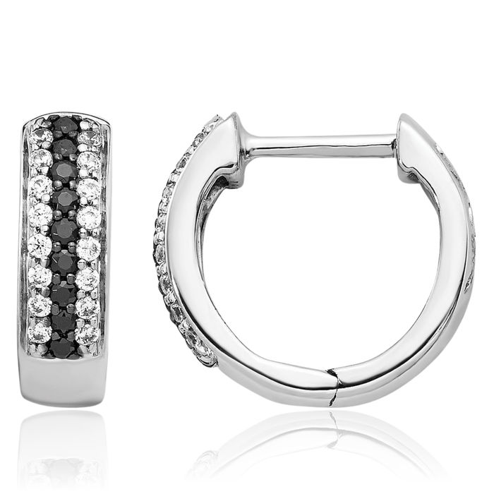 10K Solid White Gold Black Diamond Round Huggie Small Hoop Earrings