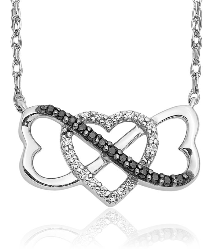 10K Solid White Gold Black Diamond Triple Heart Necklace Love Pendant Friendship Charm Chain