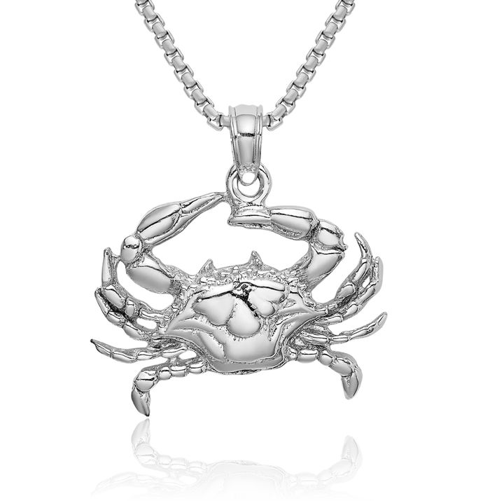 10K Solid White Gold Blue Crab Claw Necklace Chain Pendant Charm