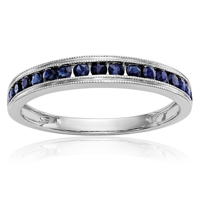 10K Solid White Gold Blue Sapphire Wedding Band Ring Gemstone