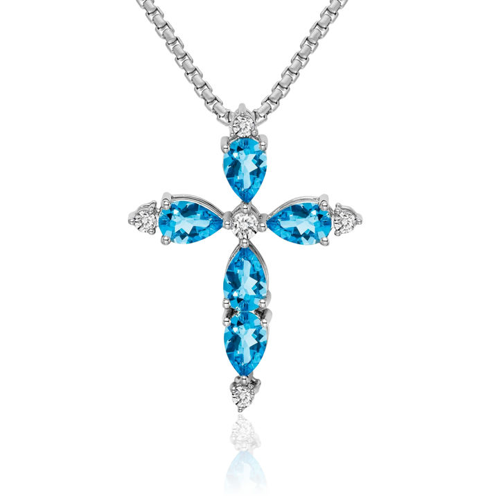 10K Solid White Gold Blue Topaz Diamond Holy Cross Floating Chain Slide Pendant Necklace Religious Jesus Christ Charm