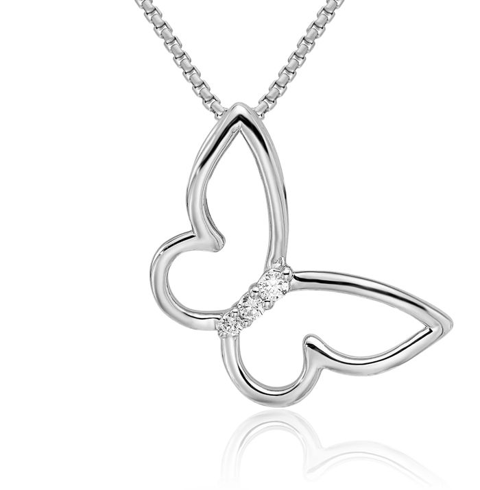 10K Solid White Gold Butterfly Wings Diamond Floating Chain Slide Pendant Necklace Charm