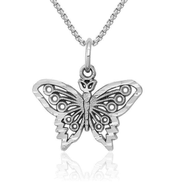 10K Solid White Gold Butterfly Wings Necklace Chain Pendant Charm